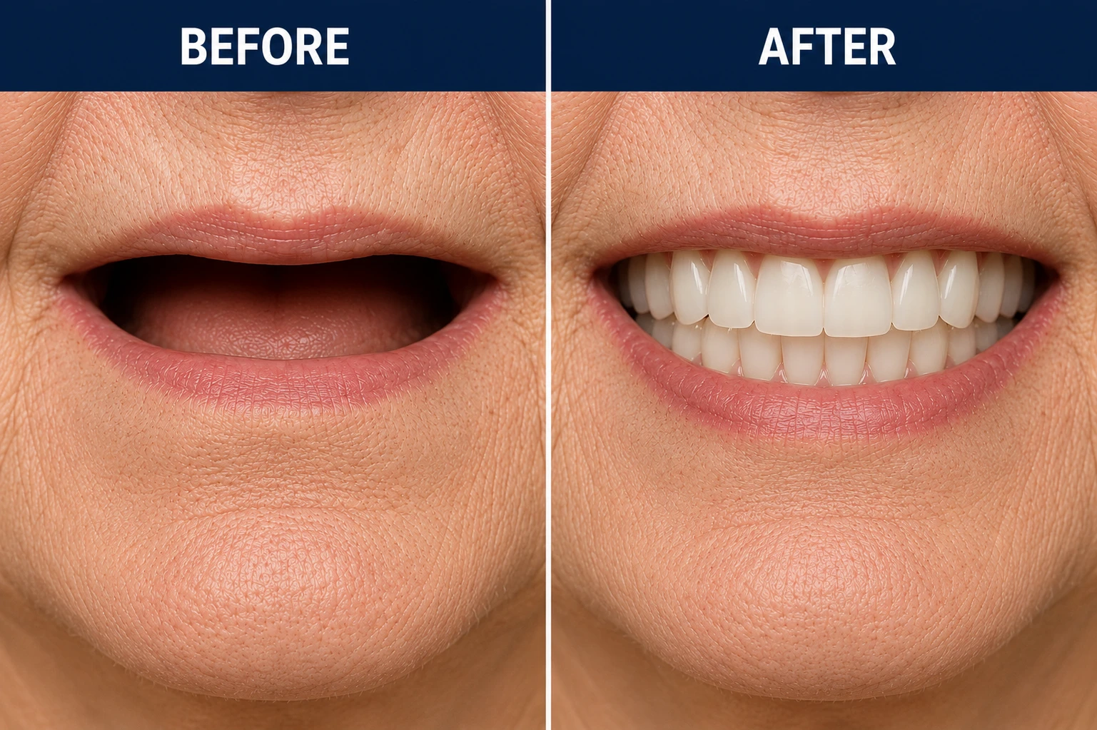 Before and after dentures showing missing teeth replaced and improved facial support