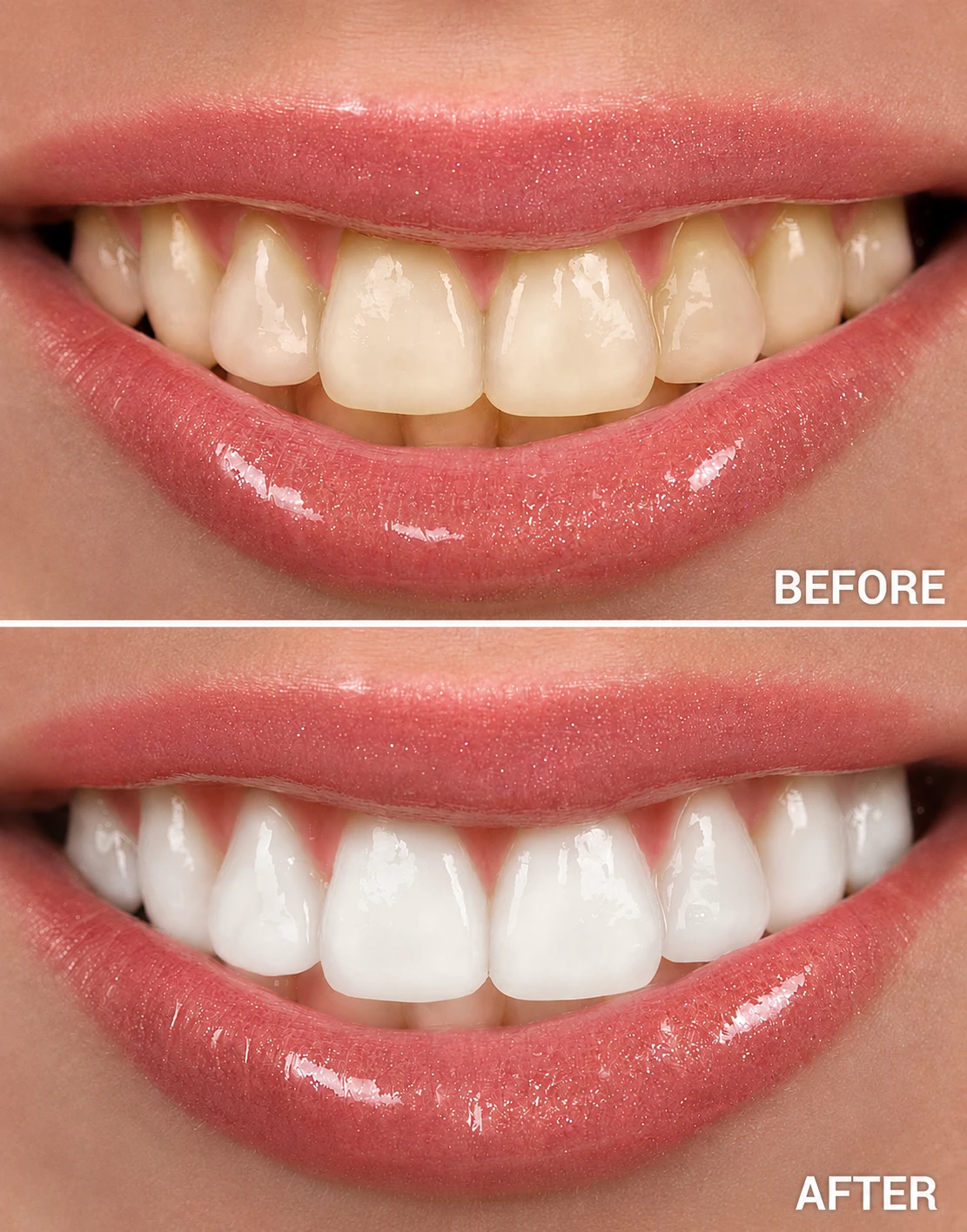 Before and after professional teeth whitening showing a brighter tooth shade after treatment
