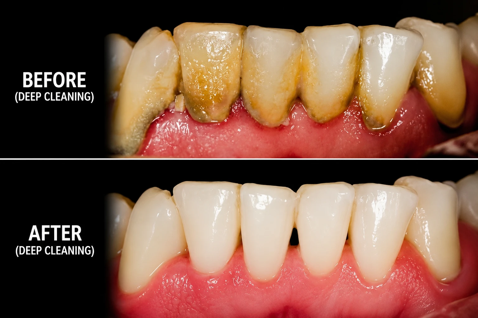 Before and after scaling and root planing deep cleaning showing tartar and stain removal near the gumline
