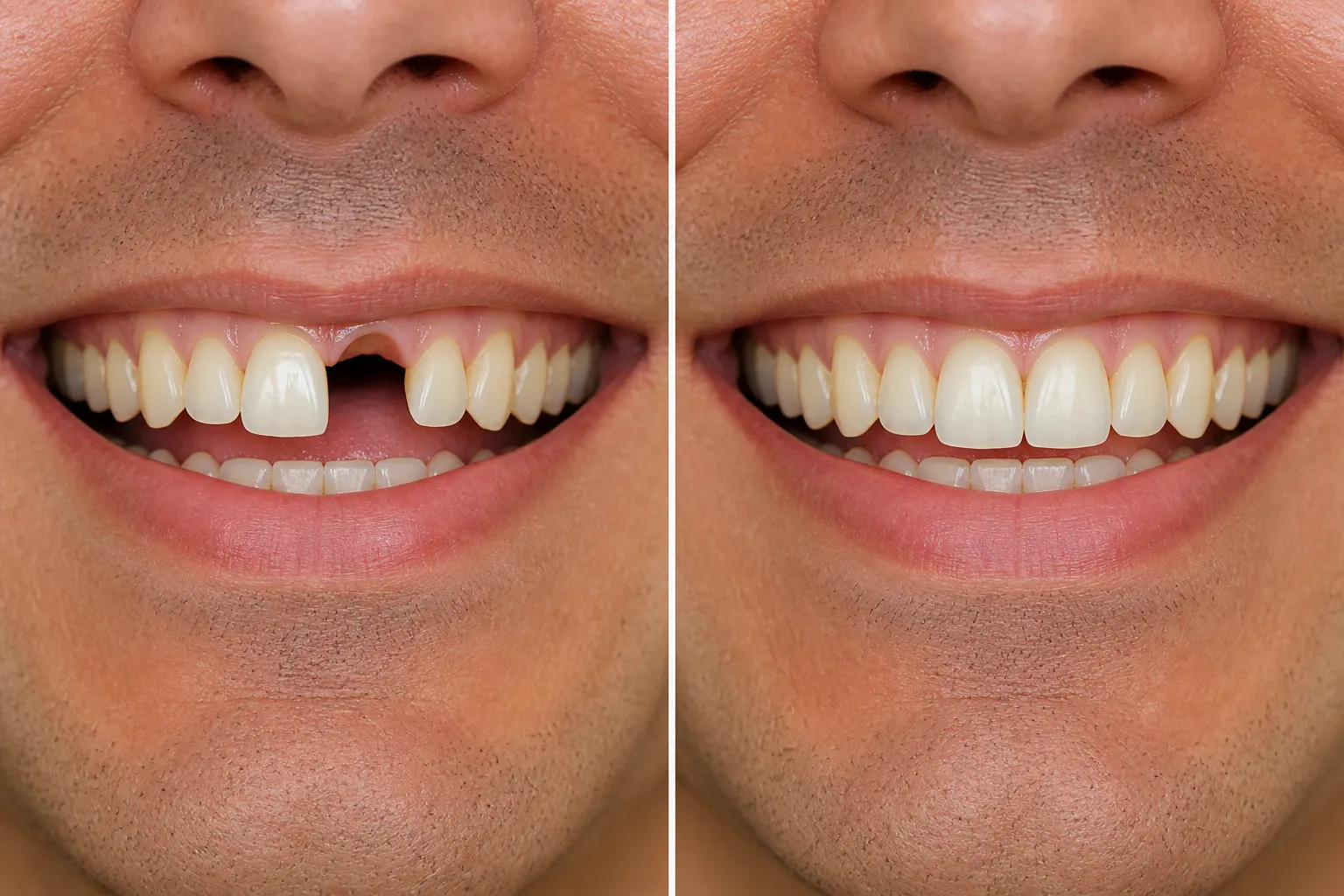Before and after dental implant treatment replacing a missing front tooth with a natural-looking implant crown