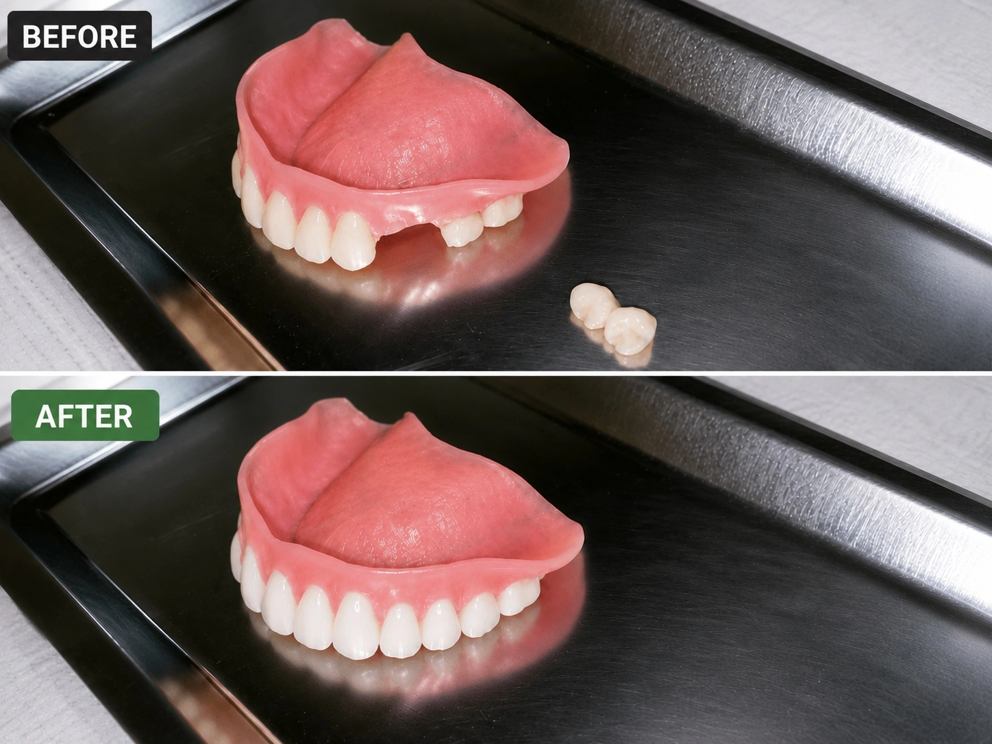Before and after denture repair showing a broken denture tooth restored