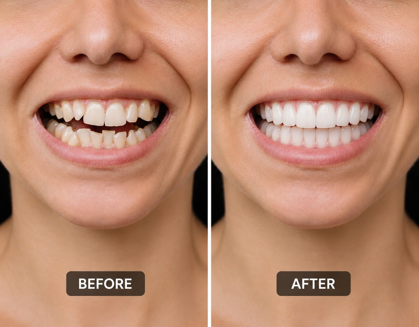Before and after clear aligner treatment showing straighter teeth and improved smile alignment