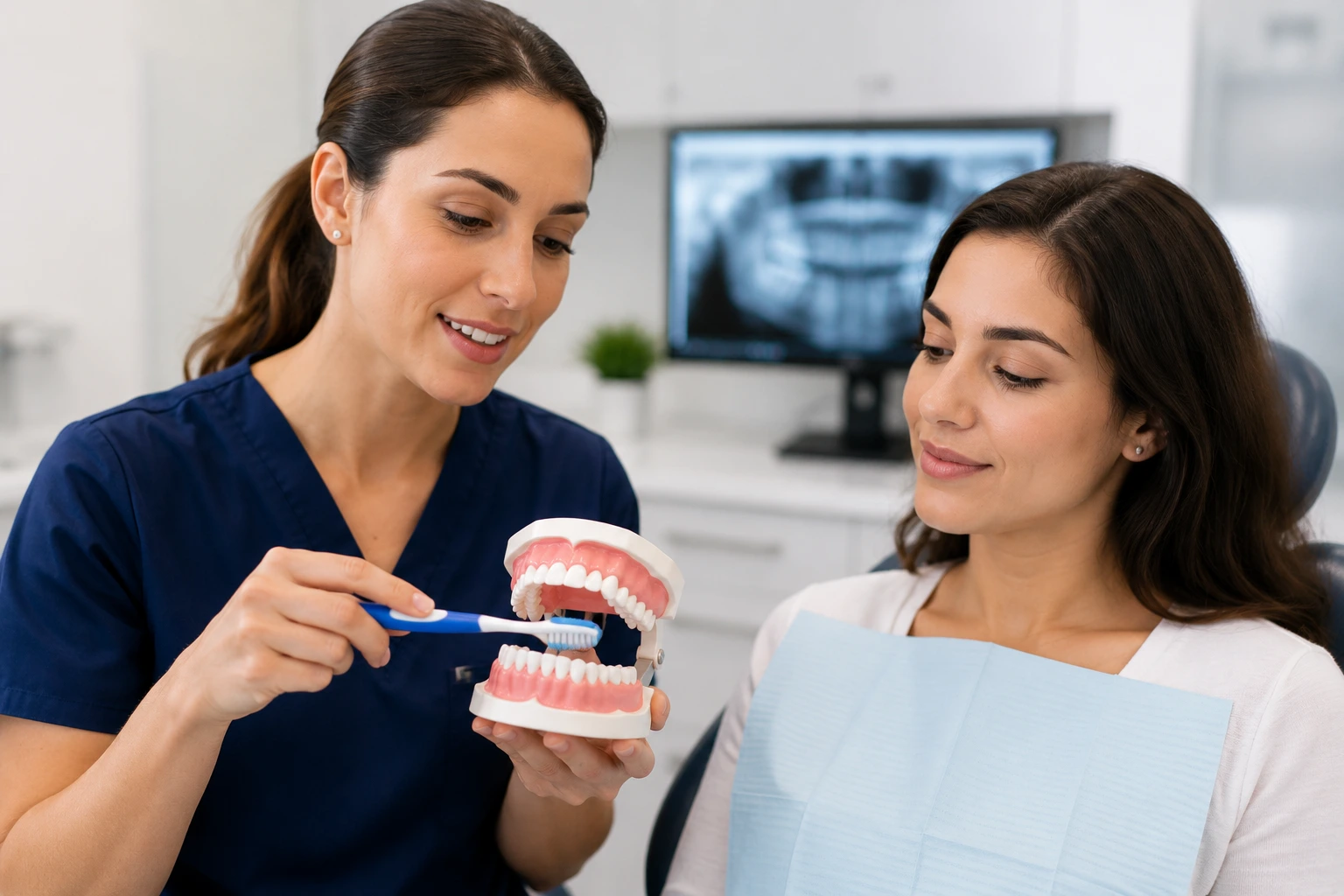 Dental hygienist demonstrating brushing and flossing techniques