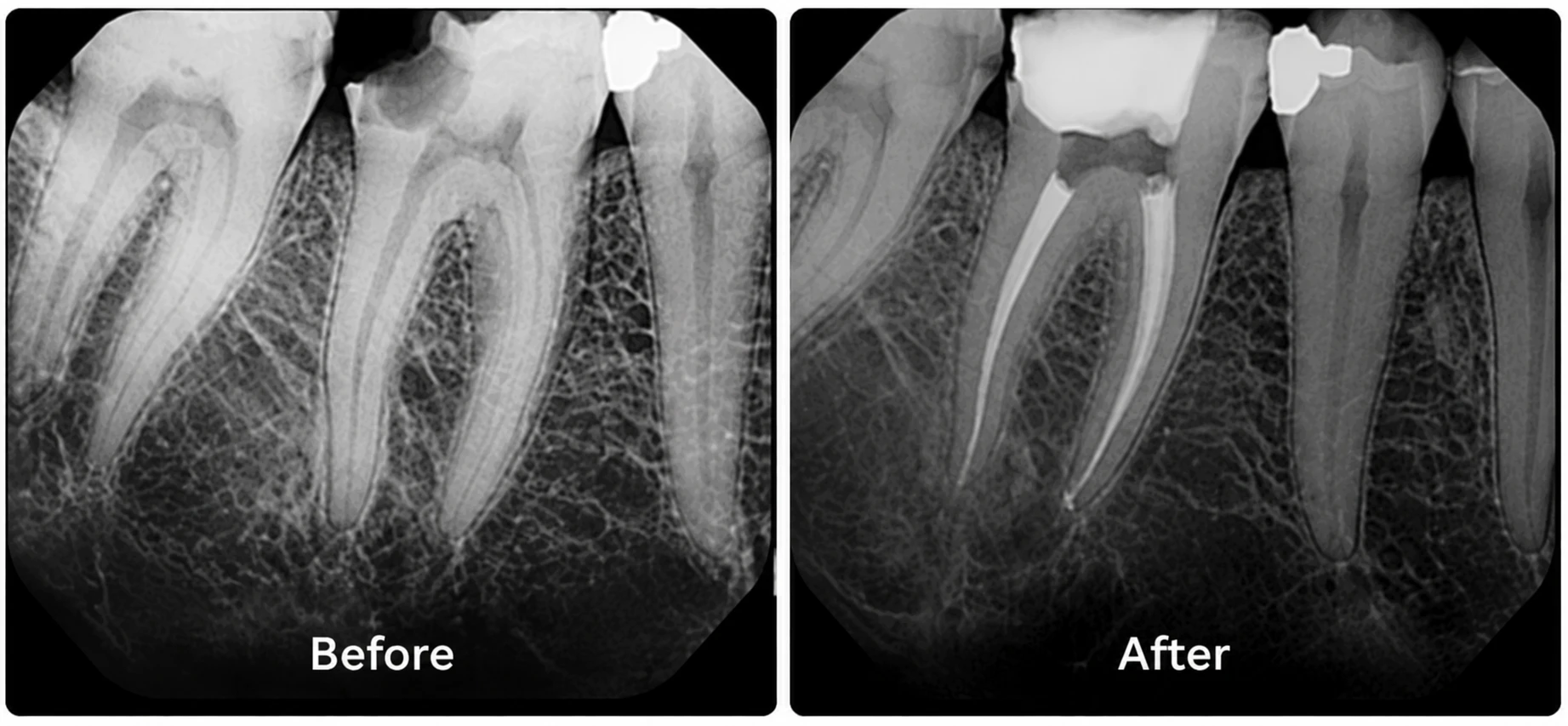 Before and after root canal X-rays showing treated tooth canals filled and sealed
