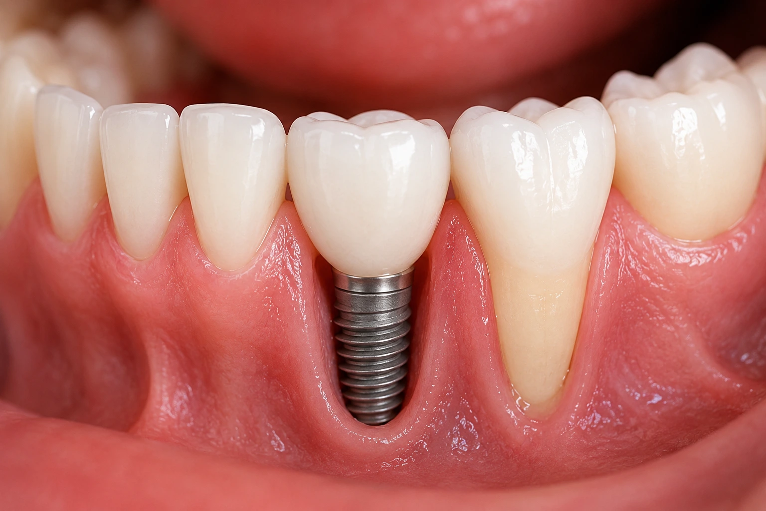 Single dental implant used to replace a missing tooth root and support a custom crown