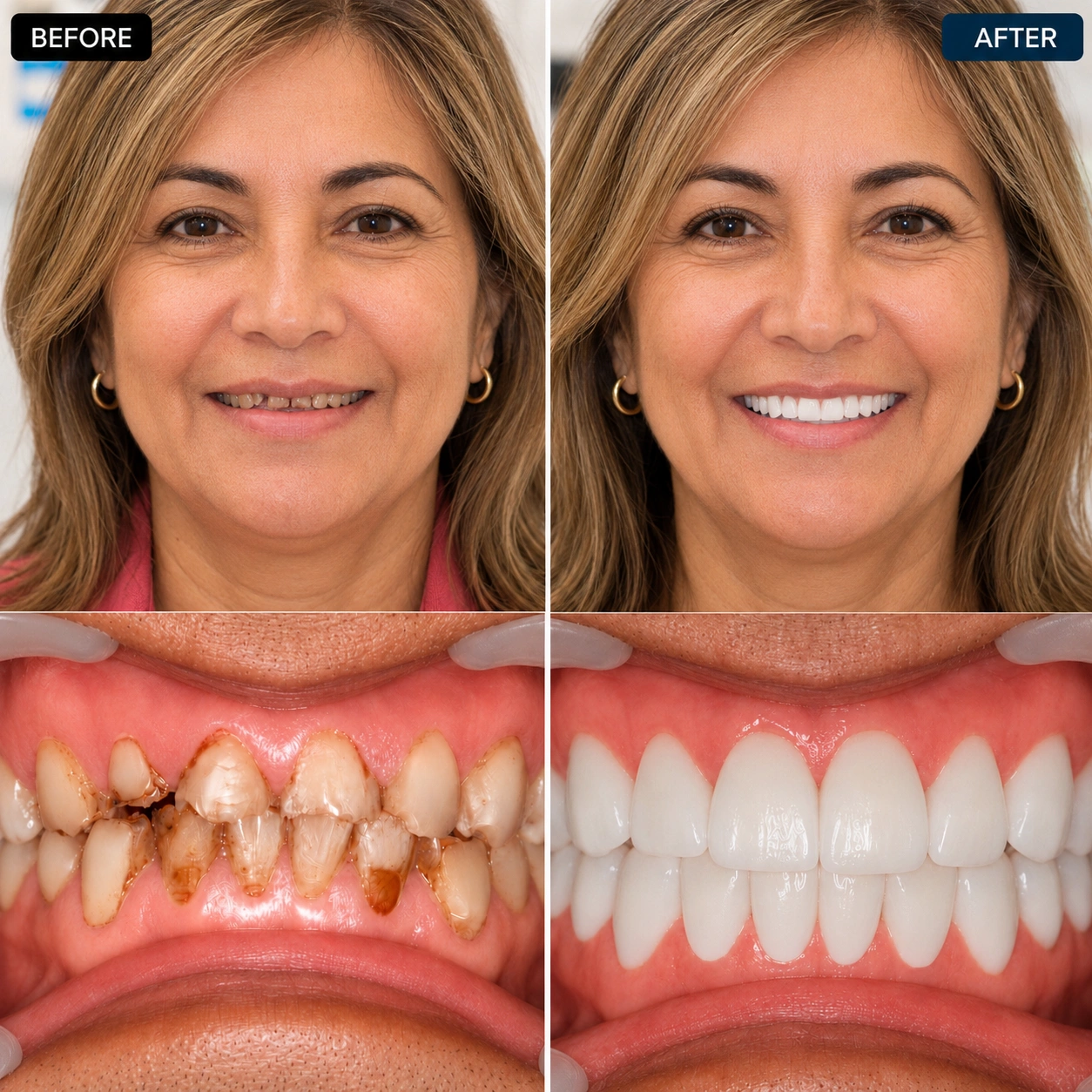 Before and after smile makeover showing improved tooth shape and smile balance